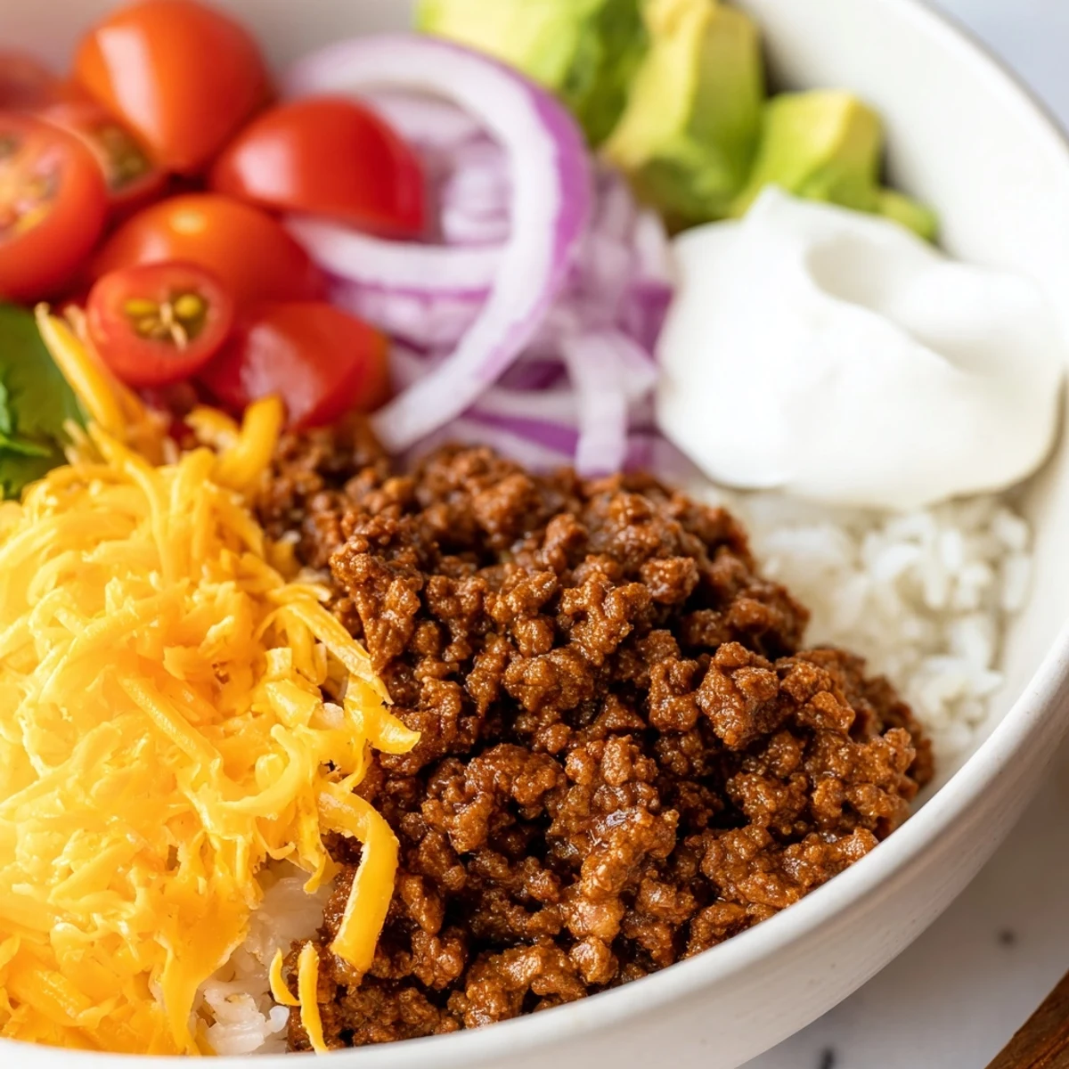 Steaming bowl of hearty beef burrito bowls with fluffy cilantro lime rice, black beans, and melted Monterey Jack cheese ready to serve.