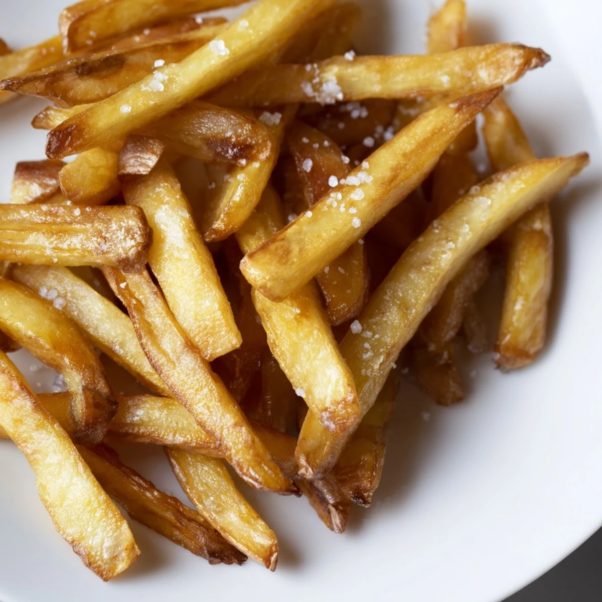 A hand dipping Crispy Air Fryer French Fries with Sea Salt into a small bowl of creamy aioli on a marble countertop.
