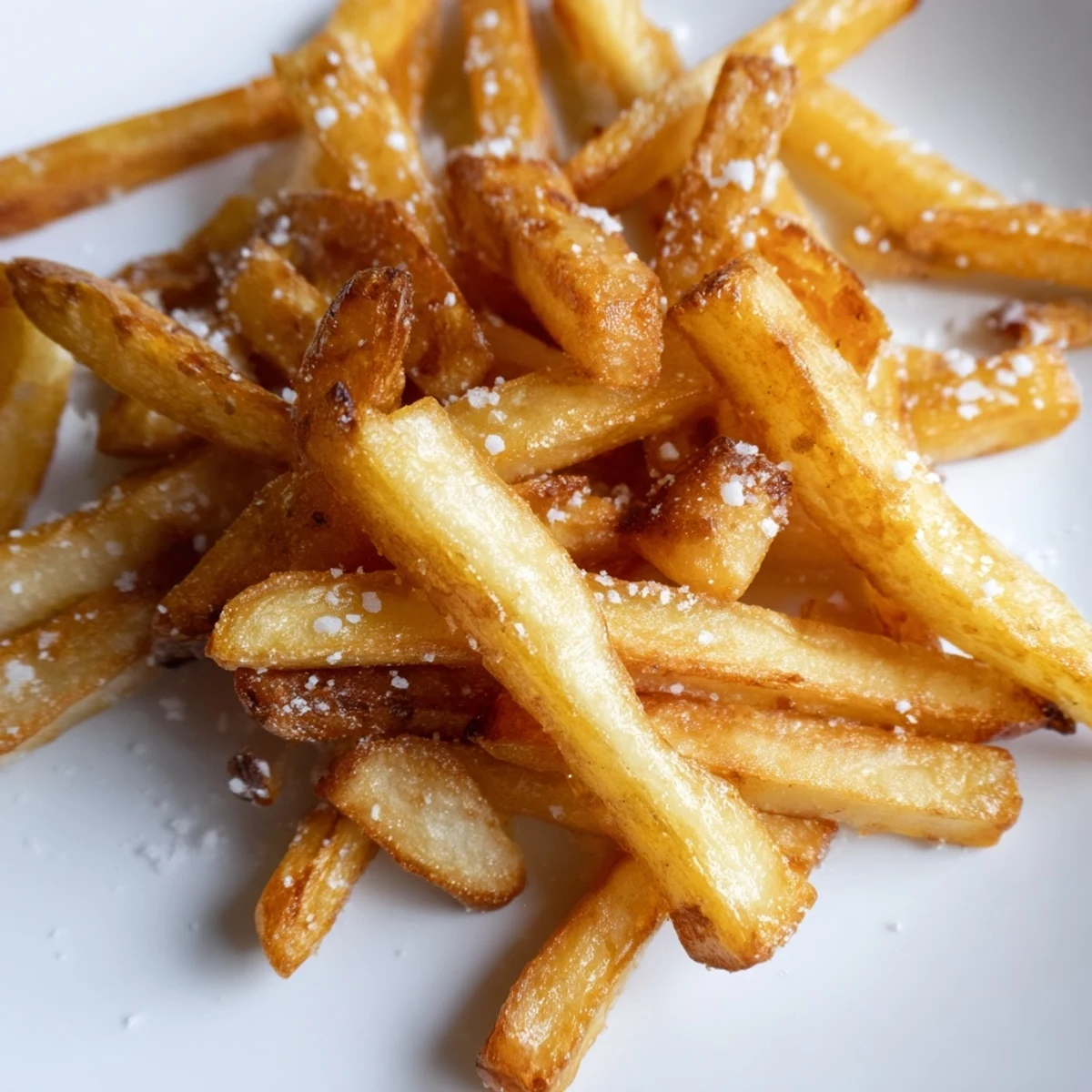 Freshly cooked Crispy Air Fryer French Fries with Sea Salt served on a plate next to lemon wedges and fresh parsley.