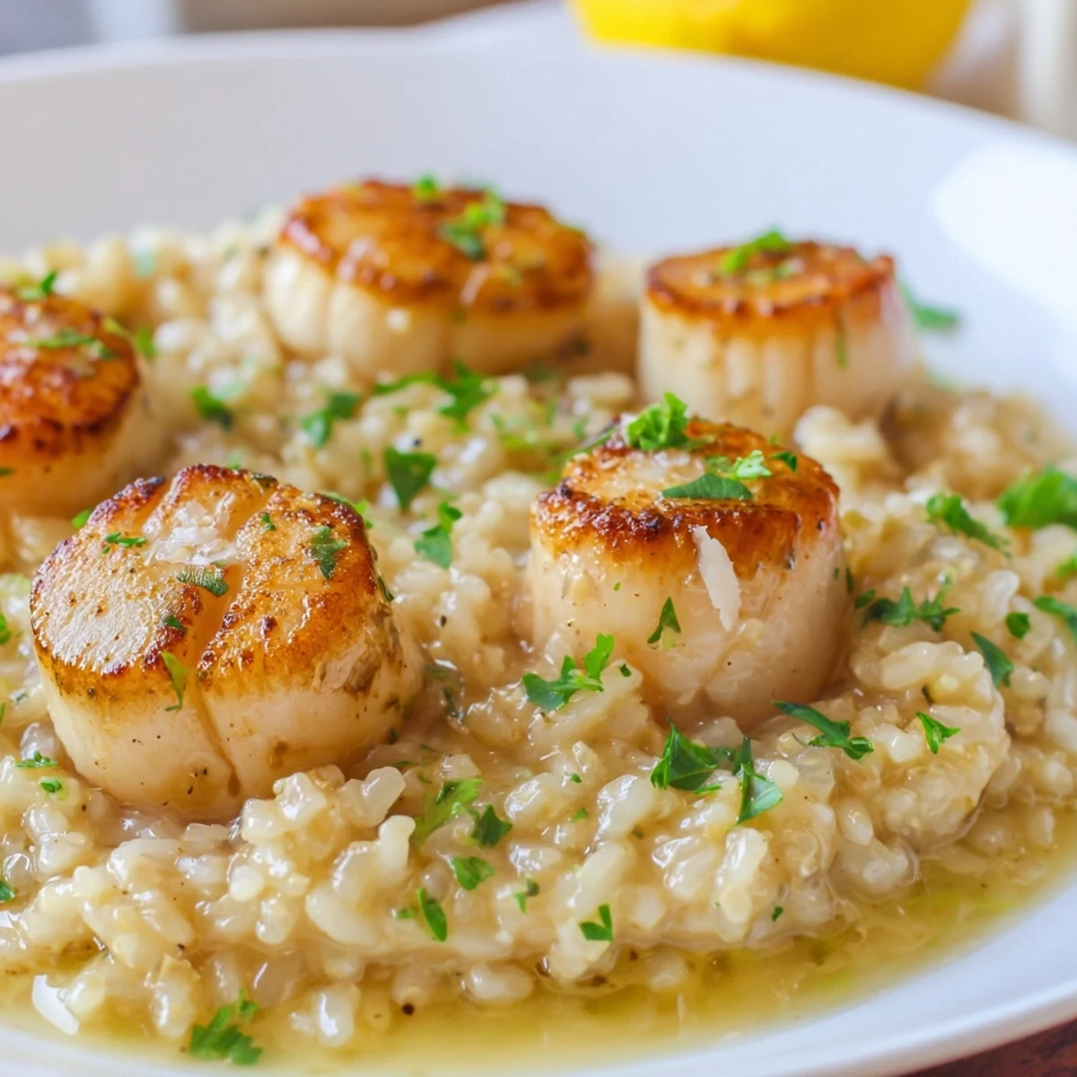 Golden seared scallops in a lemon garlic butter sauce served over creamy parmesan risotto on a white plate.