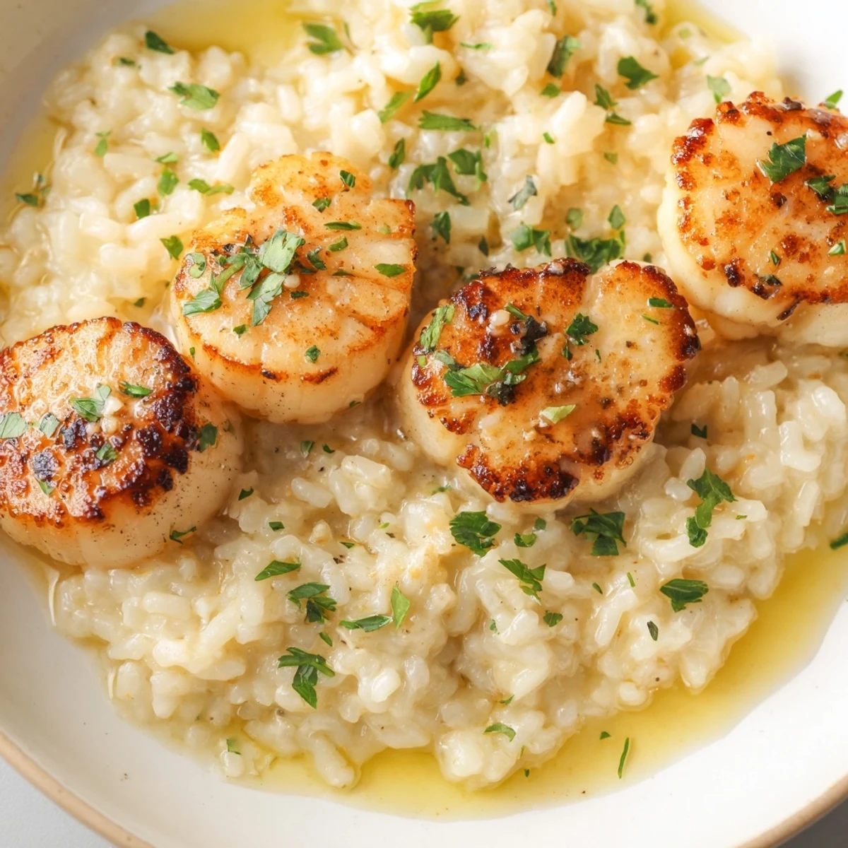 Tender scallops and rich risotto garnished with fresh parsley, ready for an elegant Italian-inspired dinner.