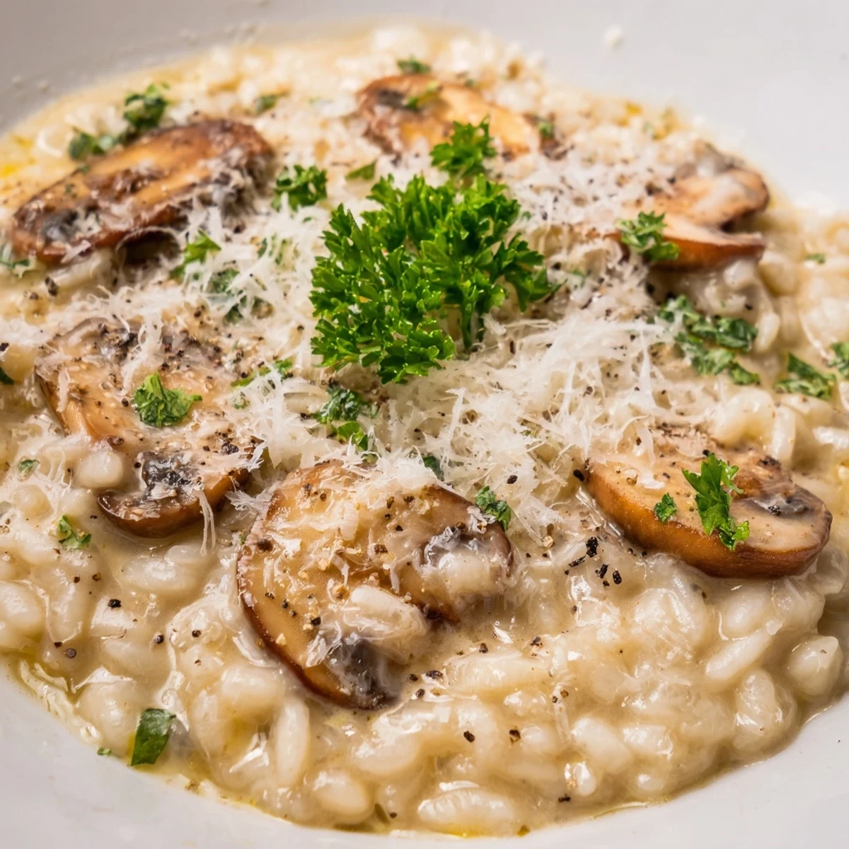 A bowl of Creamy Mushroom Risotto with Parmesan Cheese garnished with fresh parsley and extra cheese shavings.