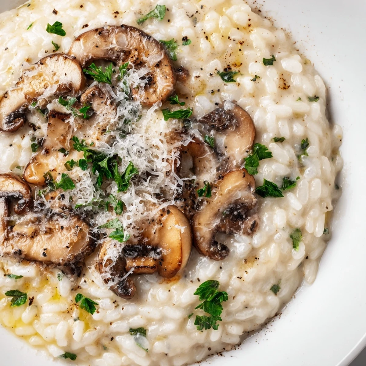 Creamy Mushroom Risotto with Parmesan Cheese is served steaming in a white bowl, paired with a glass of white wine.
