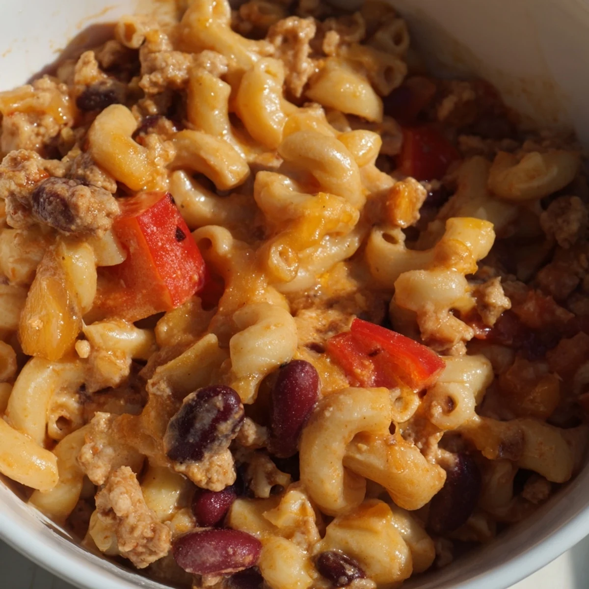 Golden skillet of Turkey Chili Mac and Cheese with Cheddar, featuring ground turkey, kidney beans, and creamy sauce.