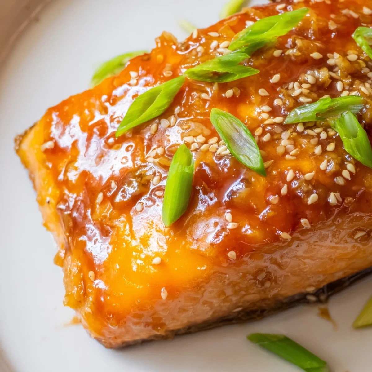 Four baked salmon fillets with sticky orange ginger glaze on a parchment-lined tray, ready to serve for dinner.