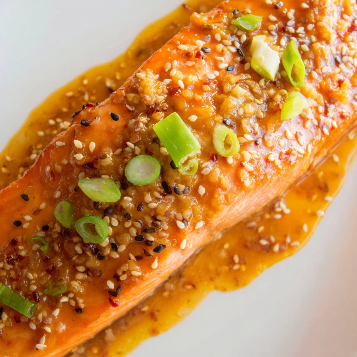 Close-up of baked salmon fillets brushed with a glossy orange ginger glaze and topped with green onions and sesame seeds.