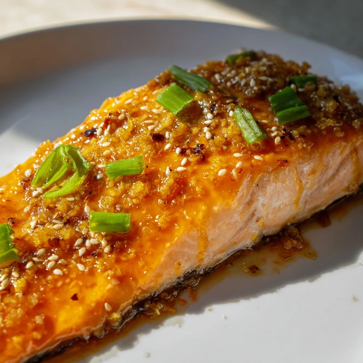 Freshly baked salmon with orange glaze, garnished with scallions and sesame seeds, served alongside orange slices.