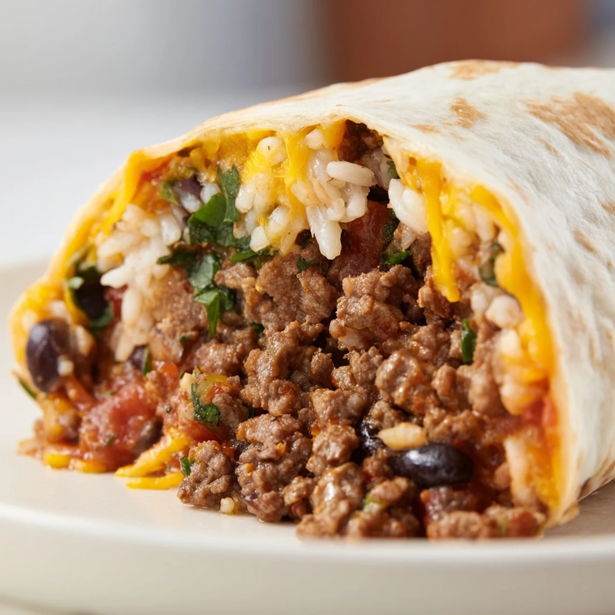 Freshly prepared Beef Burritos with Rice, Beans, and Cheese served warm with salsa and avocado slices on a plate.