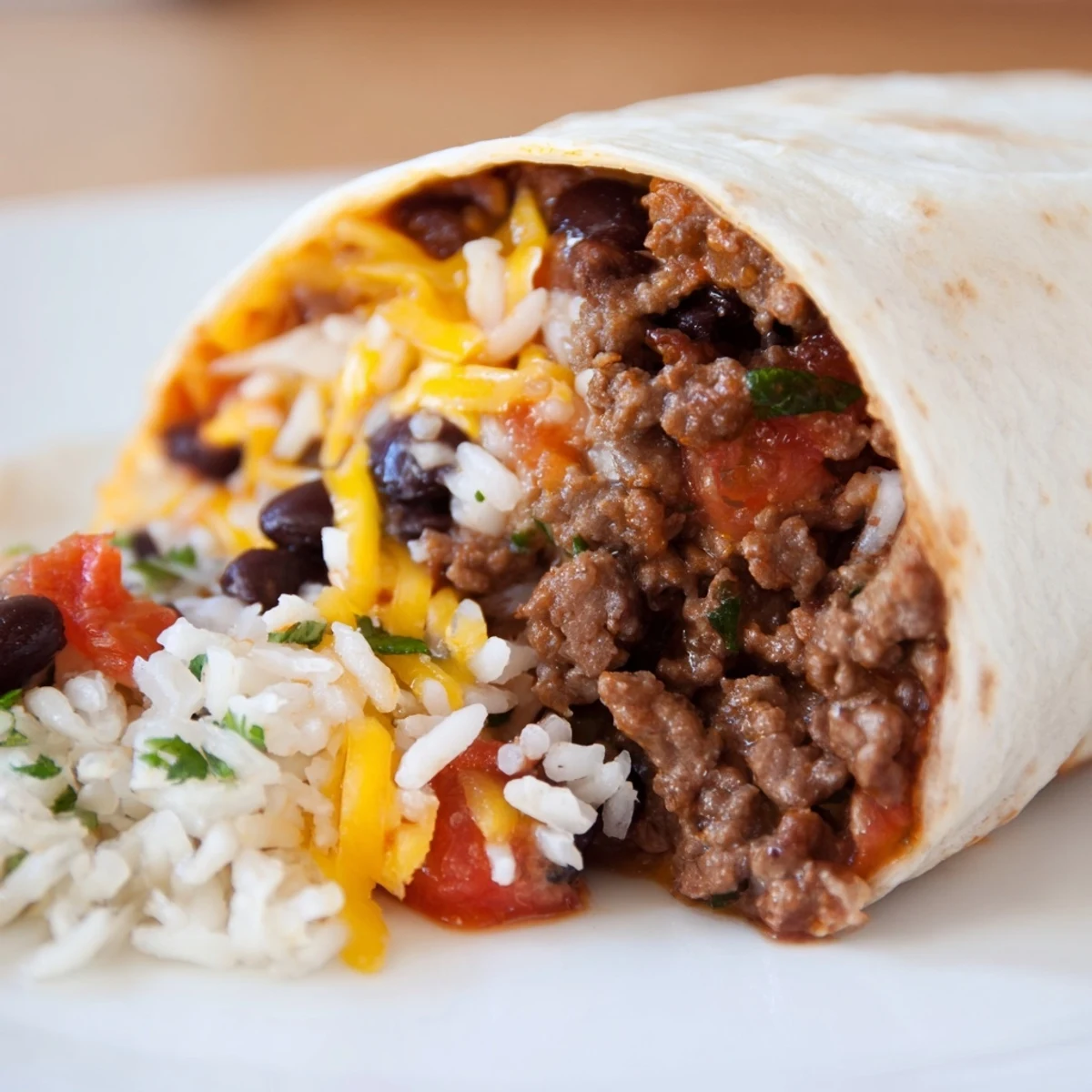 Golden brown flour tortilla filled with seasoned ground beef, fluffy rice, savory beans, and melted cheddar cheese mixture.