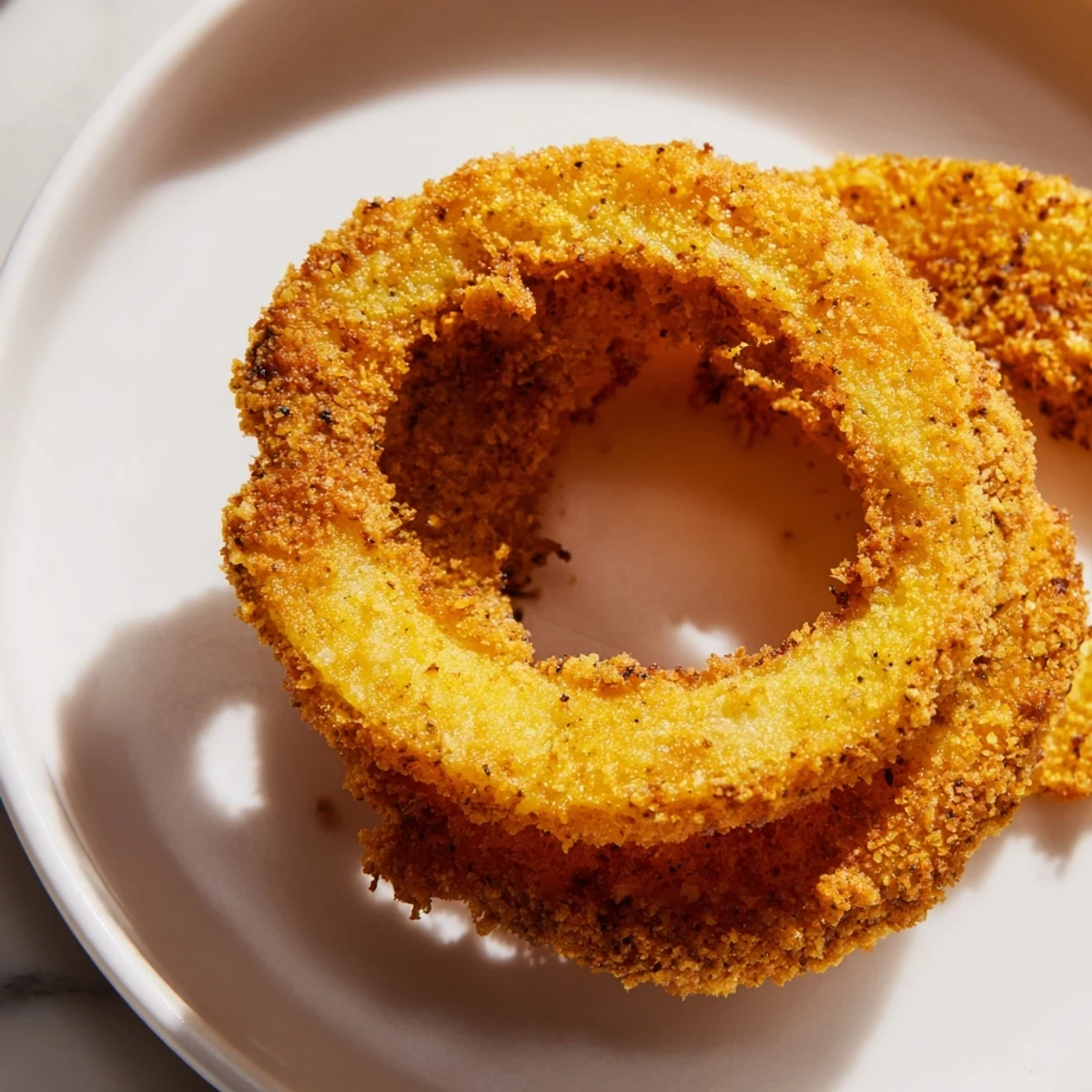 A close-up of golden-brown Crispy Air Fryer Onion Rings piled on a plate, revealing the tender onion inside and crunchy panko coating.  
