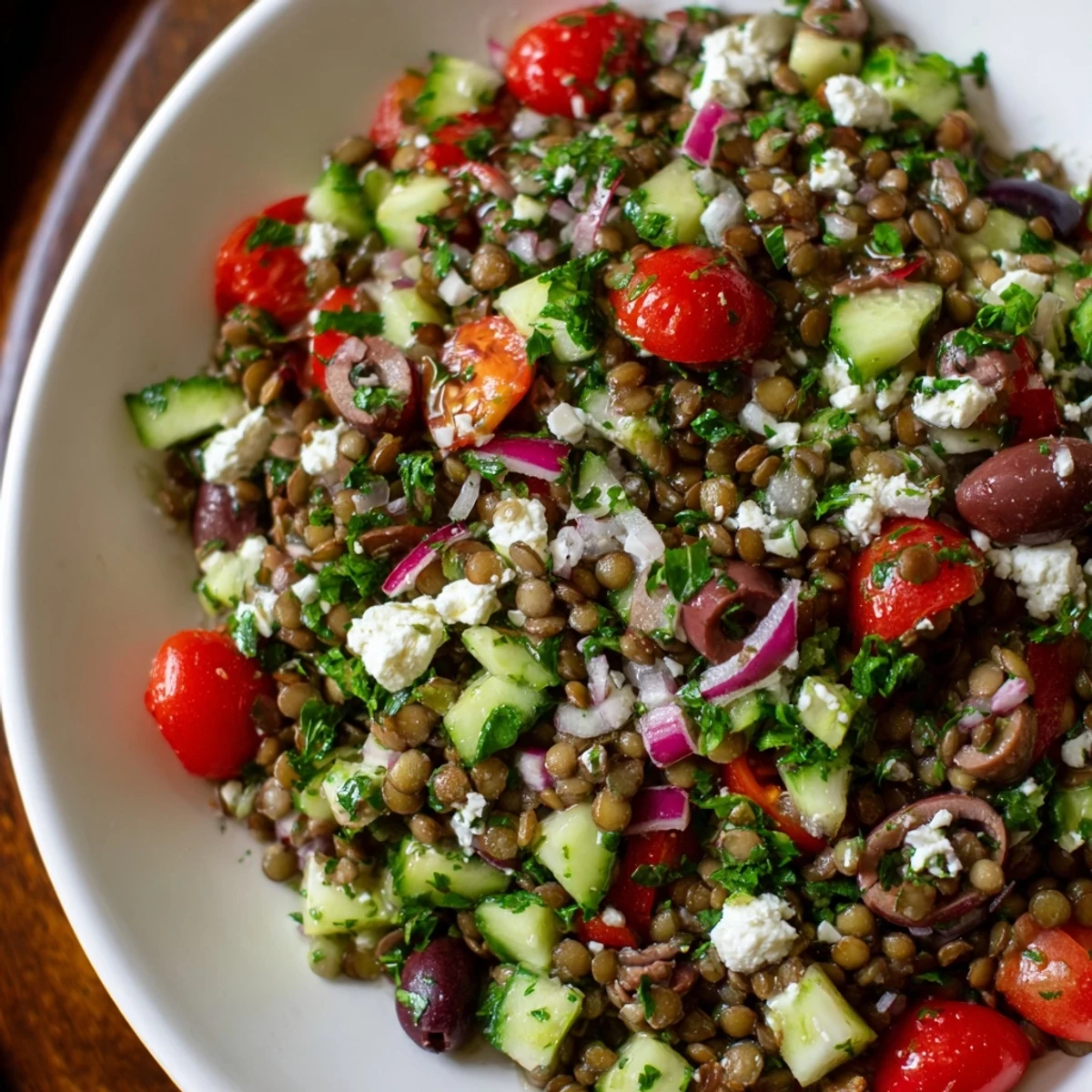 A chilled Mediterranean Lentil Salad served on a wooden table, garnished with fresh parsley and Kalamata olives.