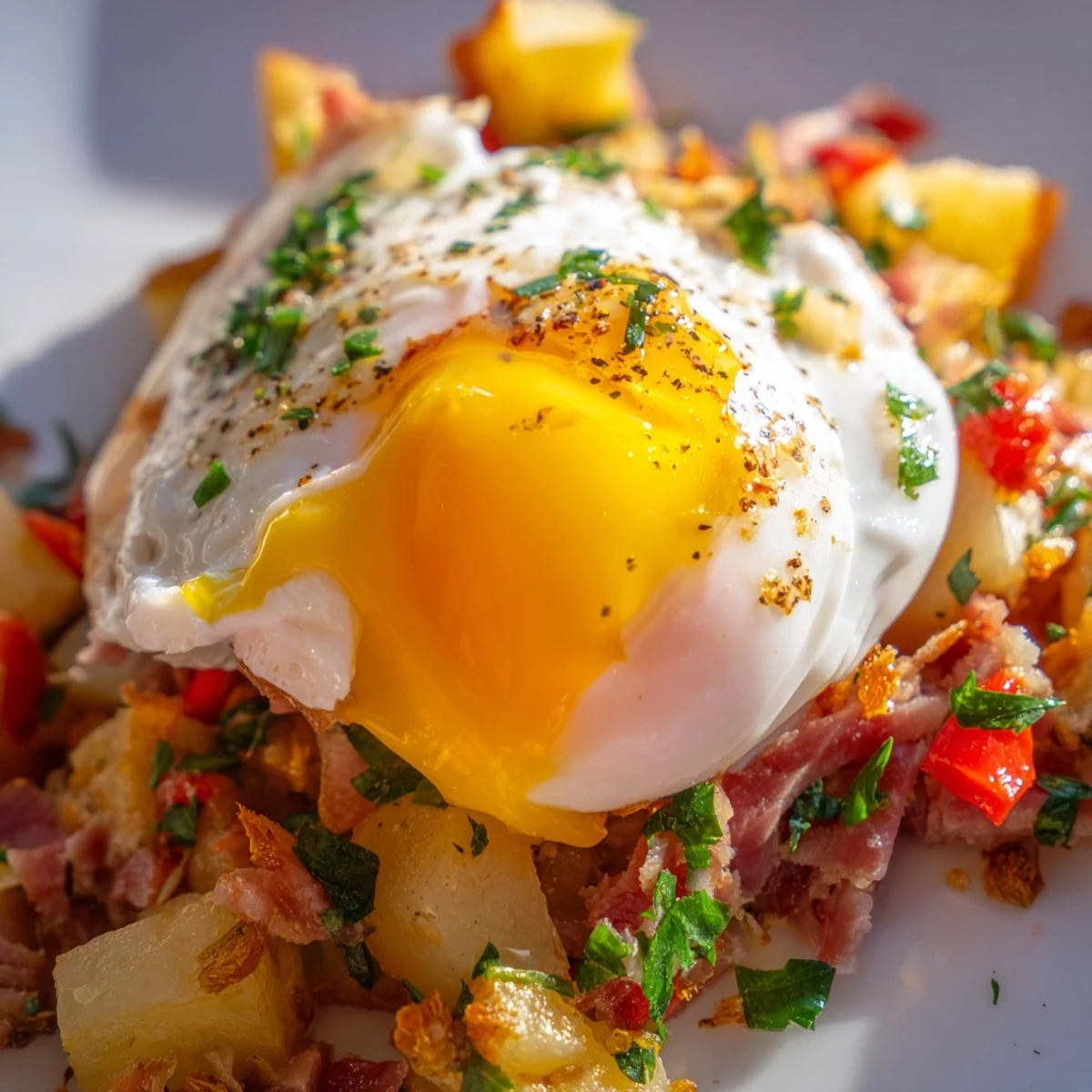 Crispy golden potatoes, tender halal corned beef, and a runny poached egg top this hearty Corned Beef Hash for a perfect brunch.