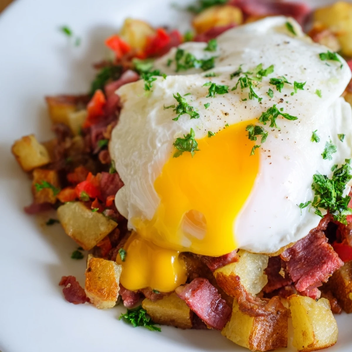 Corned Beef Hash with Poached Eggs features crispy potatoes, seasoned corned beef, and a perfectly poached egg, ideal for a filling breakfast.
