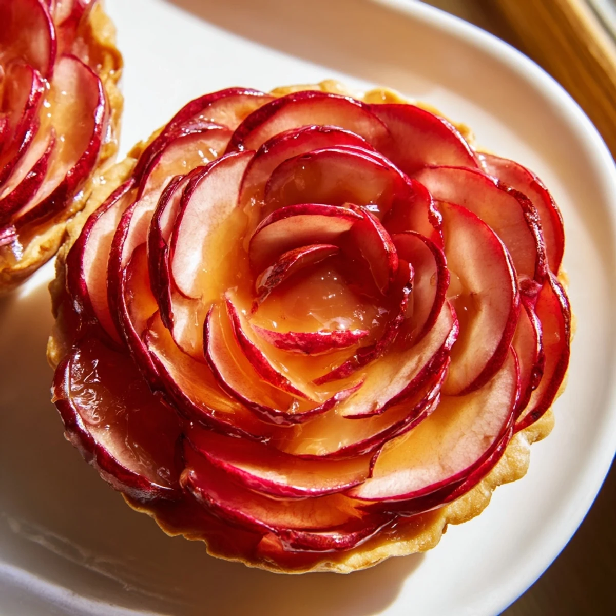 This Red Rose Apple Tart features glistening apple roses over almond frangipane, served warm with a dollop of whipped cream.  