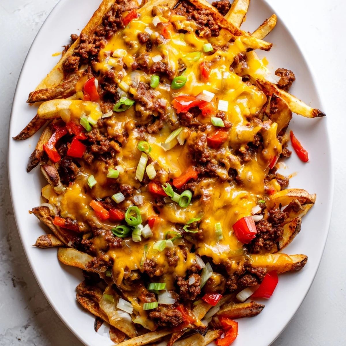 Crispy golden russet fries loaded with hearty homemade chili, melted cheddar, and fresh green onions for game day indulgence.