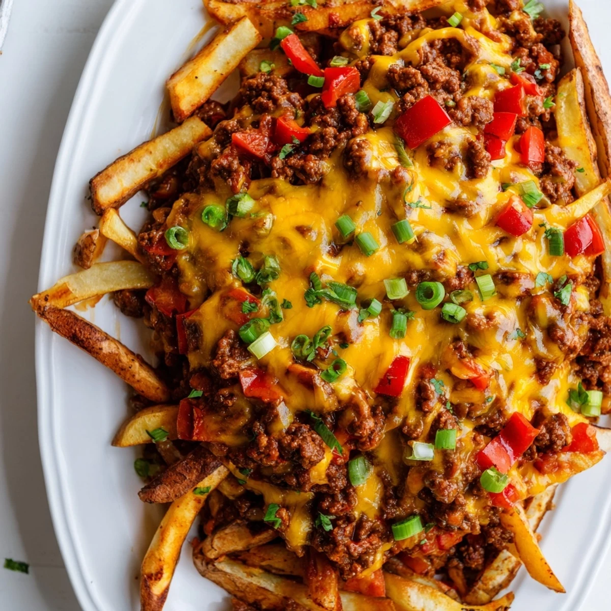 Steamy chili cheese fries topped with beans and beef, garnished with cilantro, served hot from the broiler.