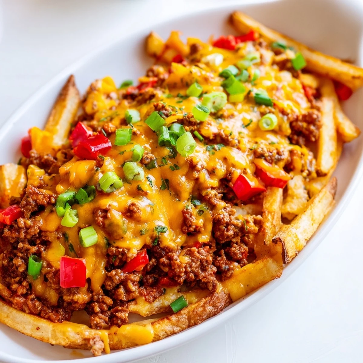 Loaded Championship Chili Cheese Fries with melty cheddar, savory beans, and a sprinkle of scallions, perfect for sharing.