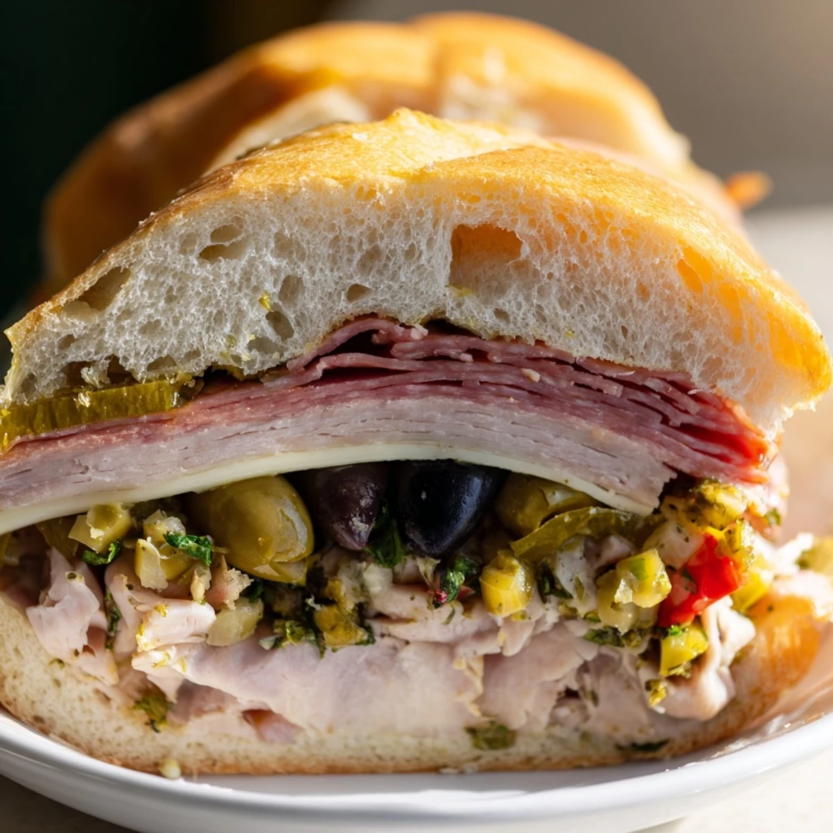 A thick, crusty muffuletta sandwich sliced into wedges, revealing layers of halal meats, provolone, and vibrant olive salad on a wooden board.