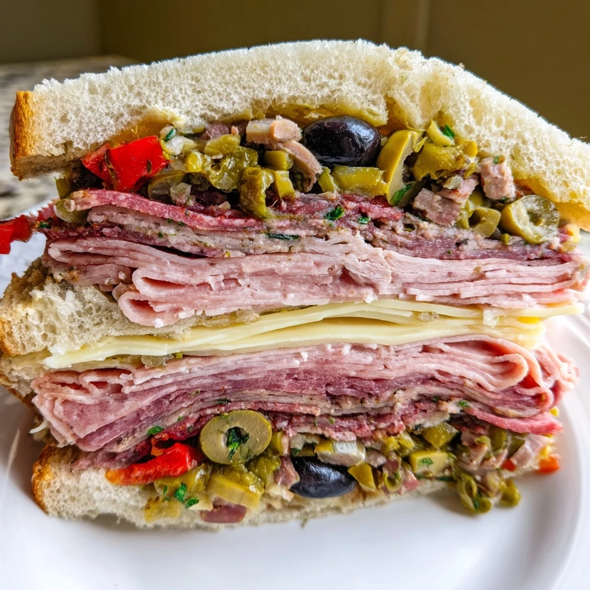 The muffuletta sandwich stacked high with mortadella, turkey, salami, and melty provolone, ready for a hearty New Orleans-style lunch.