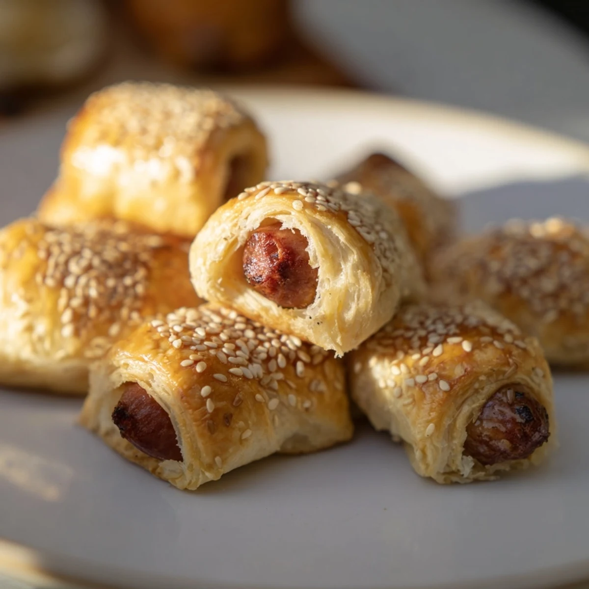 Golden-brown Super Bowl Pigs in a Blanket arranged on a game day platter, ready for dipping into mustard and ketchup.