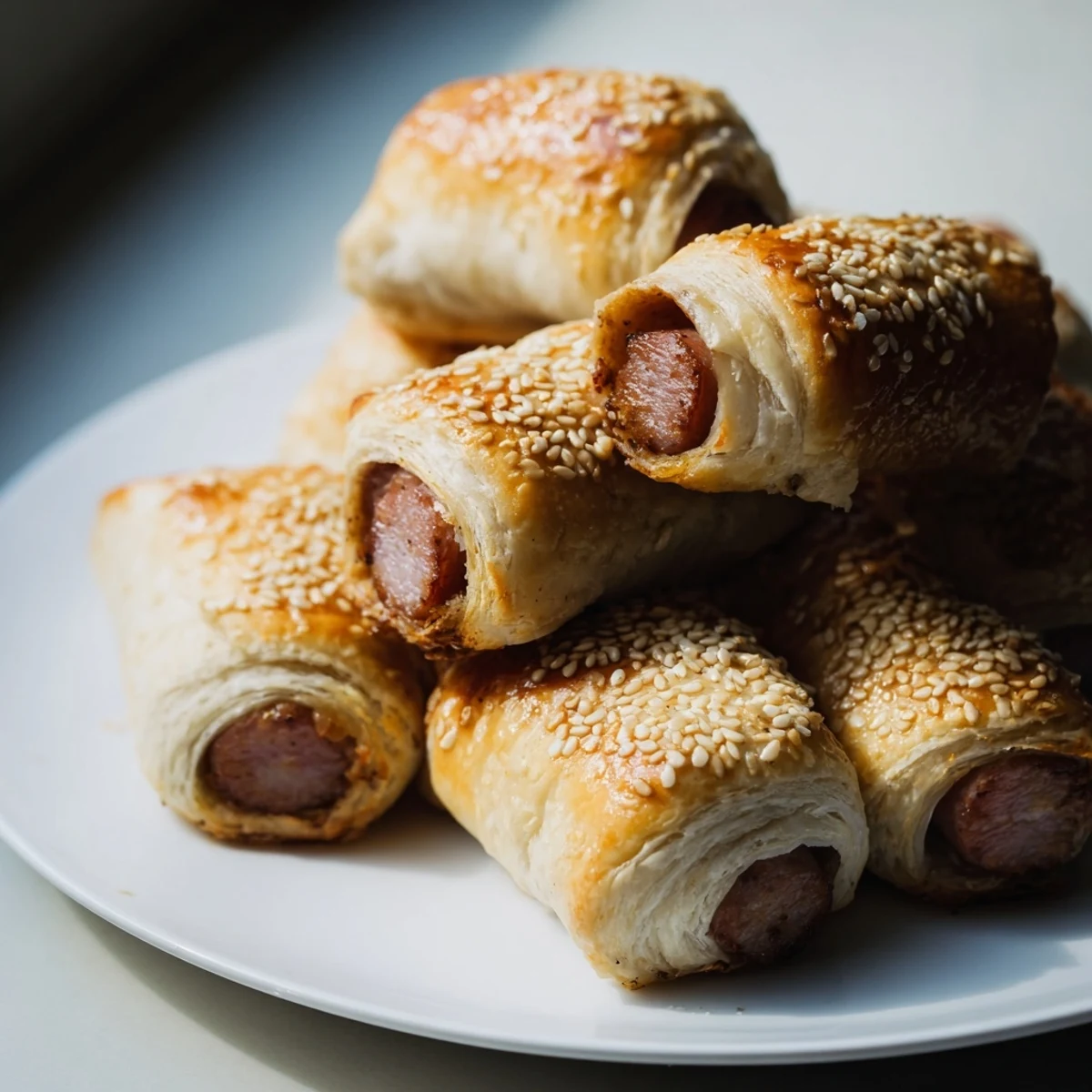 Freshly baked Super Bowl Pigs in a Blanket, featuring flaky puff pastry wrapped around juicy halal sausages for an easy appetizer.