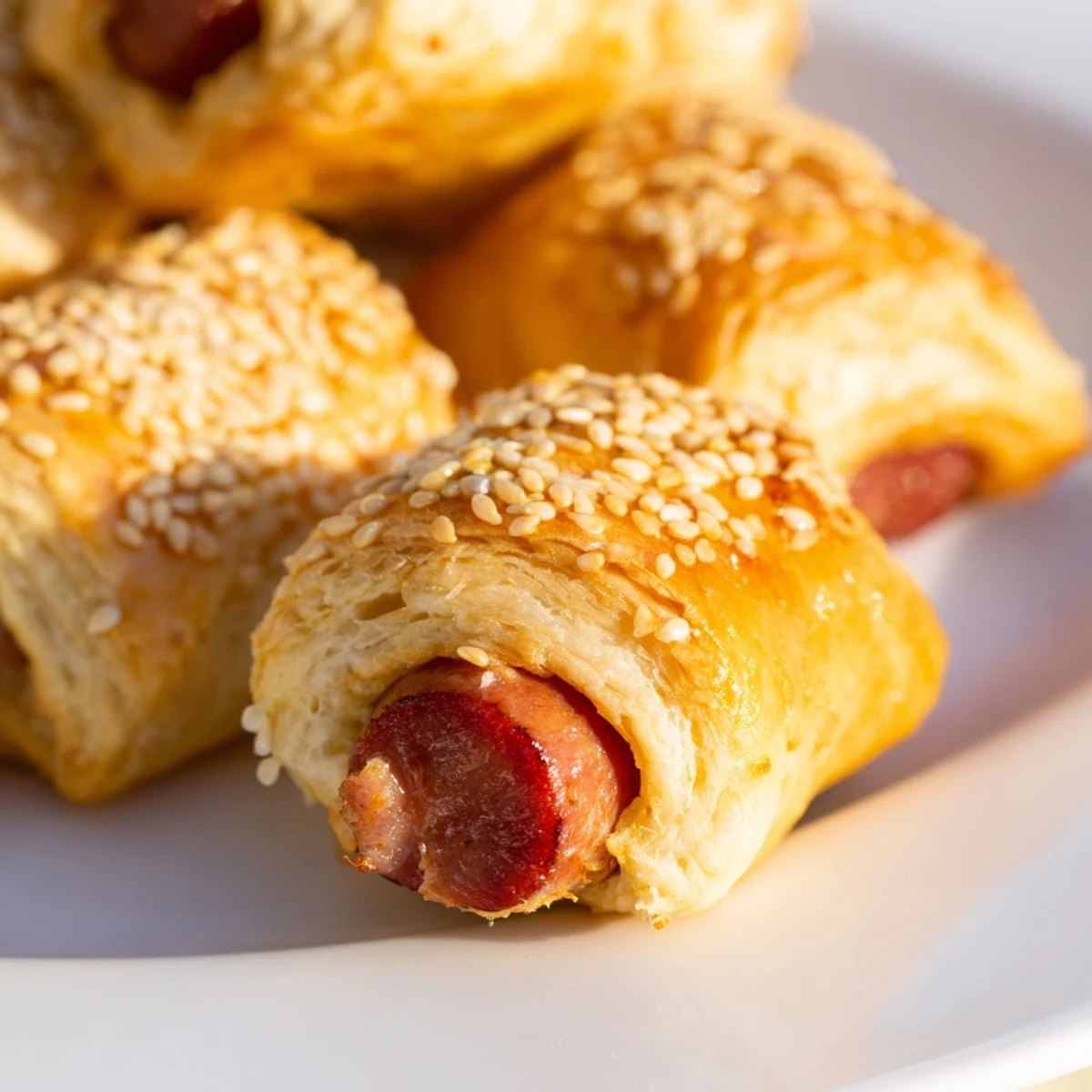 Close-up of Super Bowl Pigs in a Blanket, showcasing the steamy, tender interior and crispy, golden exterior of the snack.
