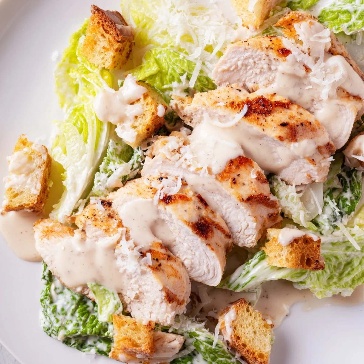 Freshly grilled chicken slices rest atop crisp romaine lettuce in a vibrant Chicken Caesar Salad with crunchy homemade garlic croutons.  