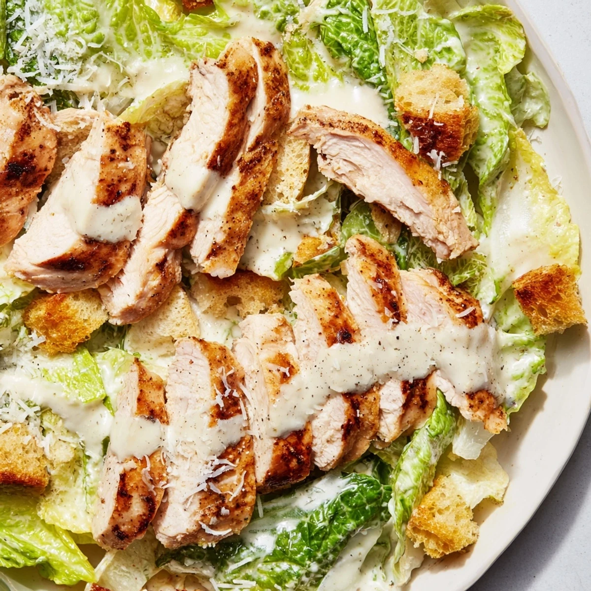 A hearty platter of Chicken Caesar Salad features juicy grilled chicken, creamy homemade dressing, and golden-brown croutons.  