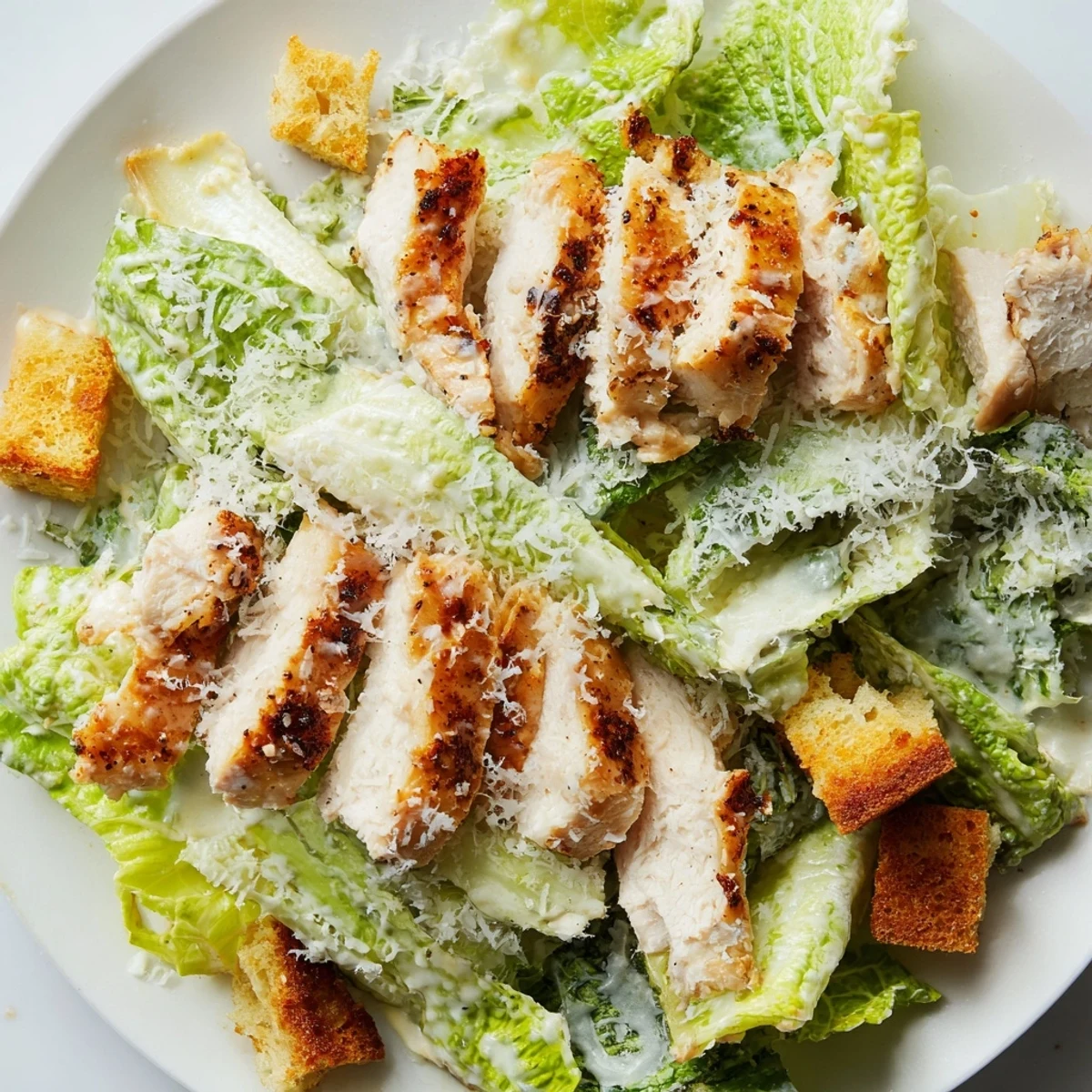 Savory homemade croutons and grated Parmesan garnish a vibrant Chicken Caesar Salad with tender grilled chicken breast.
