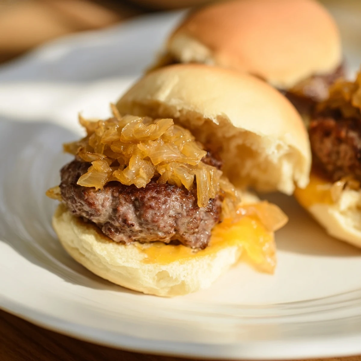 Warm beef sliders with caramelized onions, served on a wooden board with pickles and side salad.