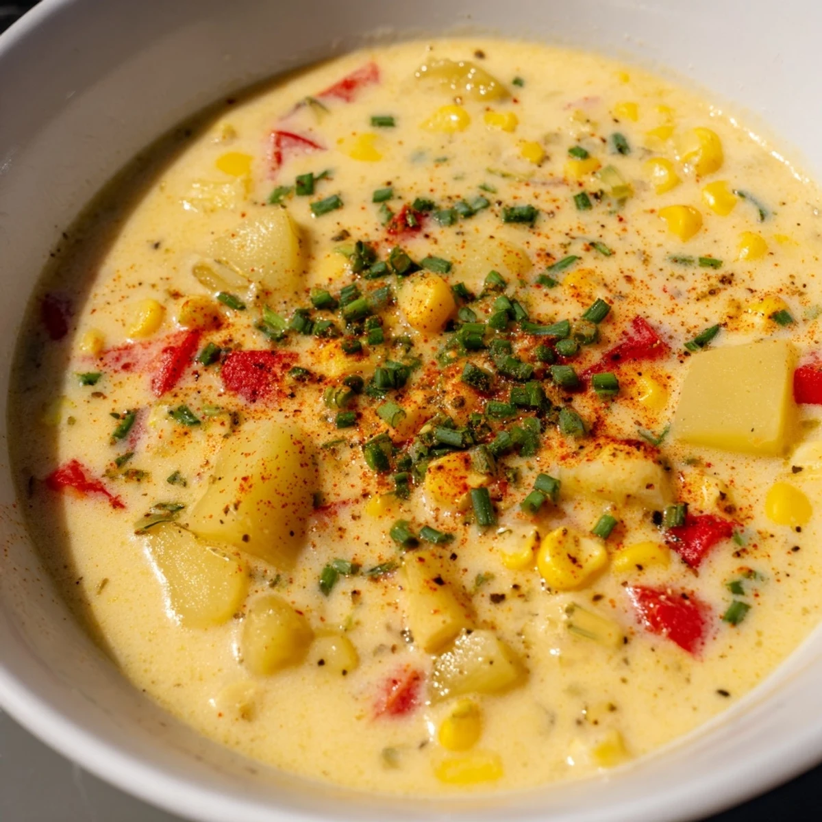 Creamy Corn Chowder with Smoked Paprika features golden, velvety broth with tender potatoes and sweet corn kernels, garnished with fresh chives for a comforting bowl.