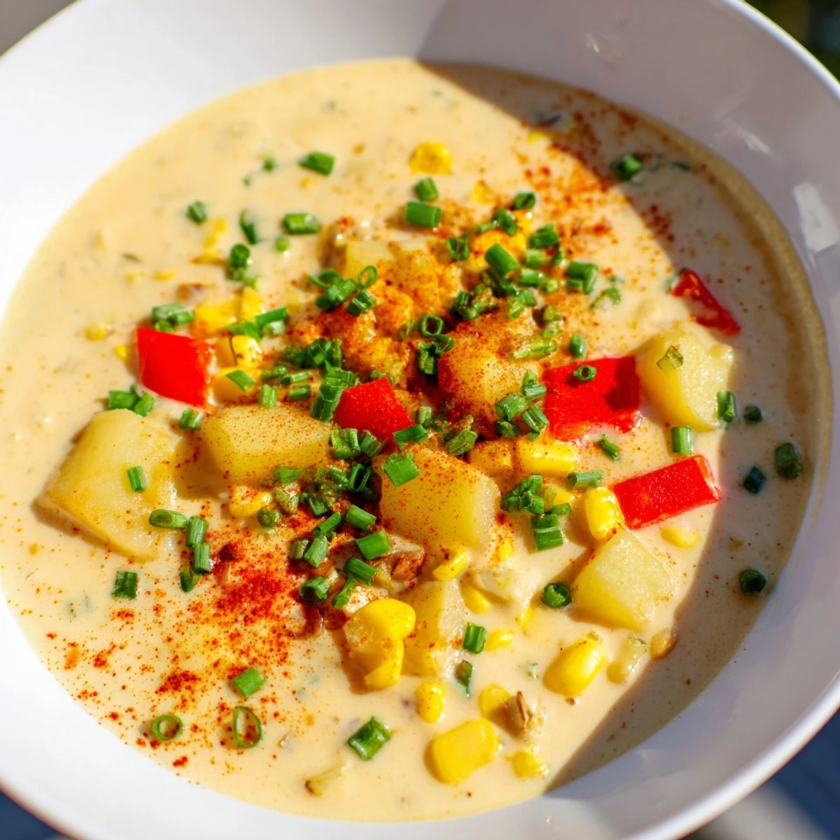 A close-up of Creamy Corn Chowder with Smoked Paprika shows steam rising over red bell pepper flecks and a light paprika dusting beside rustic, crusty bread.