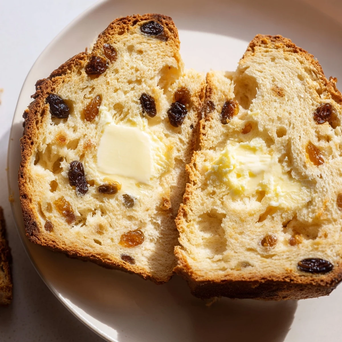 Freshly baked Irish Soda Bread with Raisins and Caraway Seeds rests on a wooden board, showcasing its golden crust and tender crumb.  
