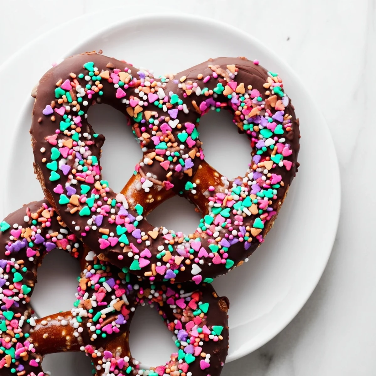 A close-up of Chocolate Covered Pretzels with Heart Sprinkles, showing glossy dark chocolate coating crunchy twists.