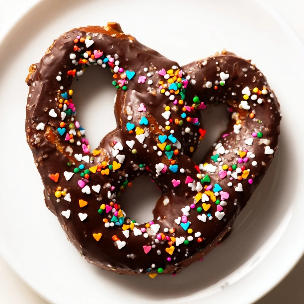 Heart-shaped sprinkles top the Chocolate Covered Pretzels, with salty pretzel ends peeking through the smooth melted chocolate.