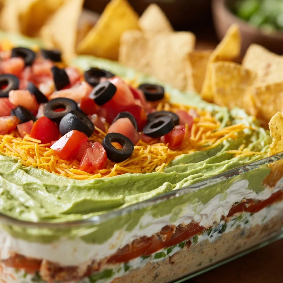 A close-up view of a Super Bowl Seven Layer Taco Dip with chips, showcasing the vibrant layers of beans, sour cream, guacamole, and cheese.  