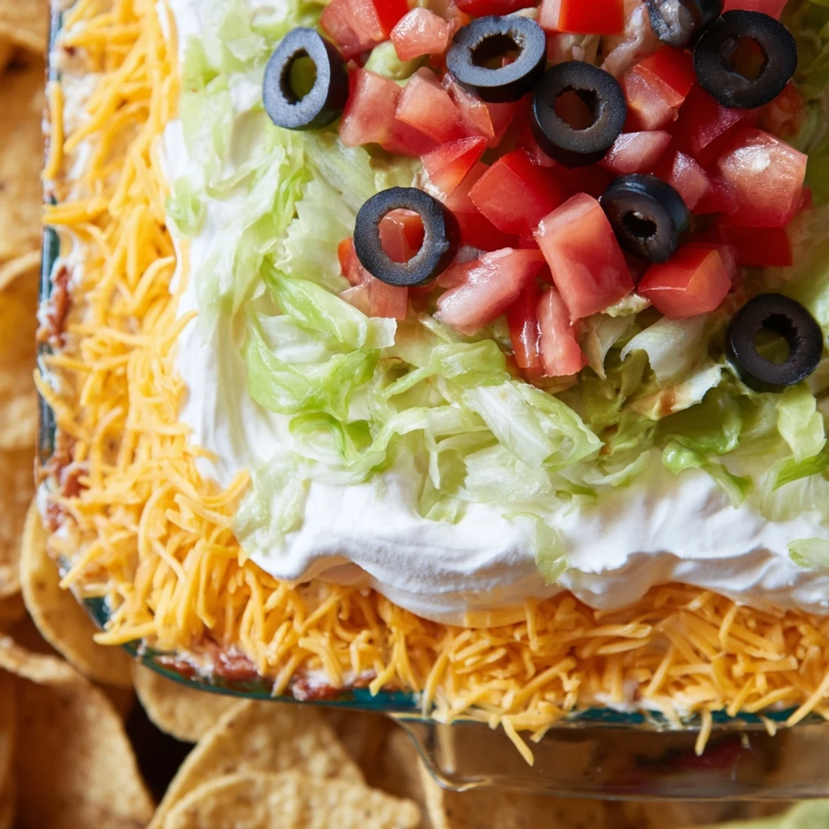 A party platter of Super Bowl Seven Layer Taco Dip with colorful Tex-Mex toppings, perfect for game day snacking with chips.
