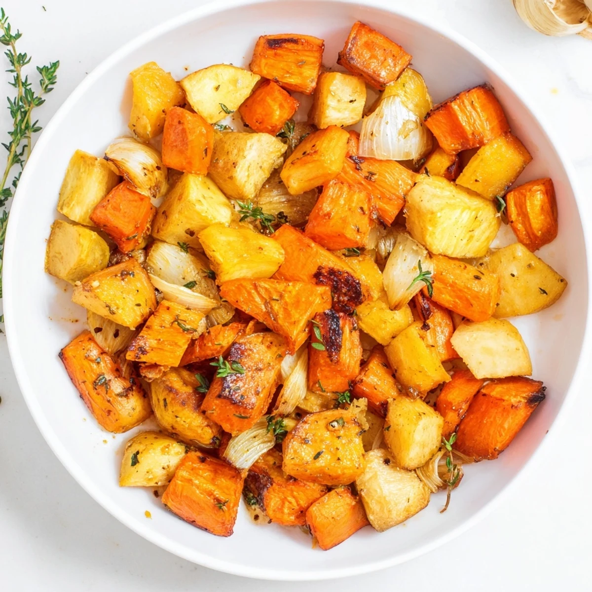 Golden caramelized chunks of Roasted Root Vegetable Medley with Thyme glisten on a baking sheet, surrounded by rustic herbs.  
