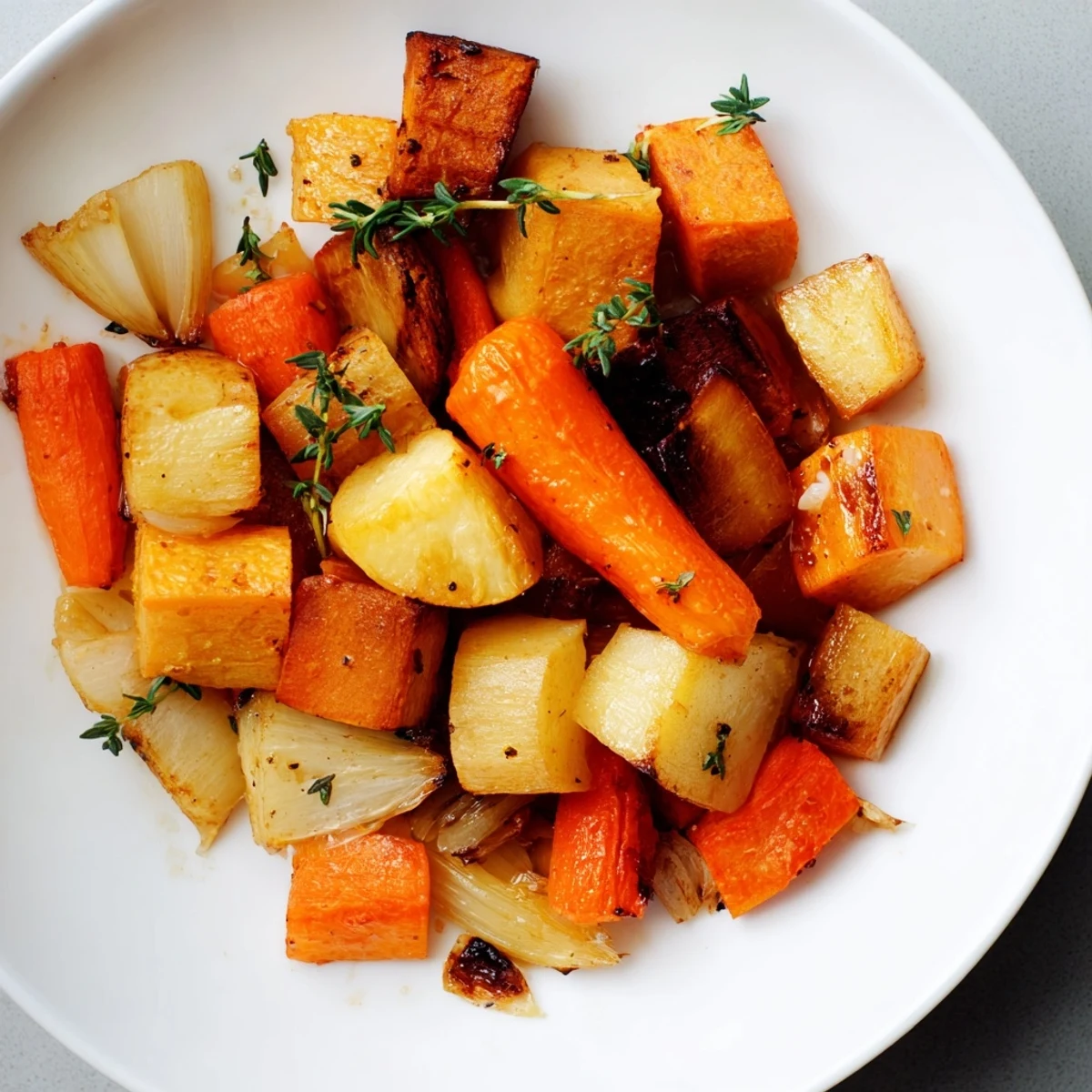 Fresh thyme and caramelized edges highlight this Roasted Root Vegetable Medley, served warm alongside a simple green salad.