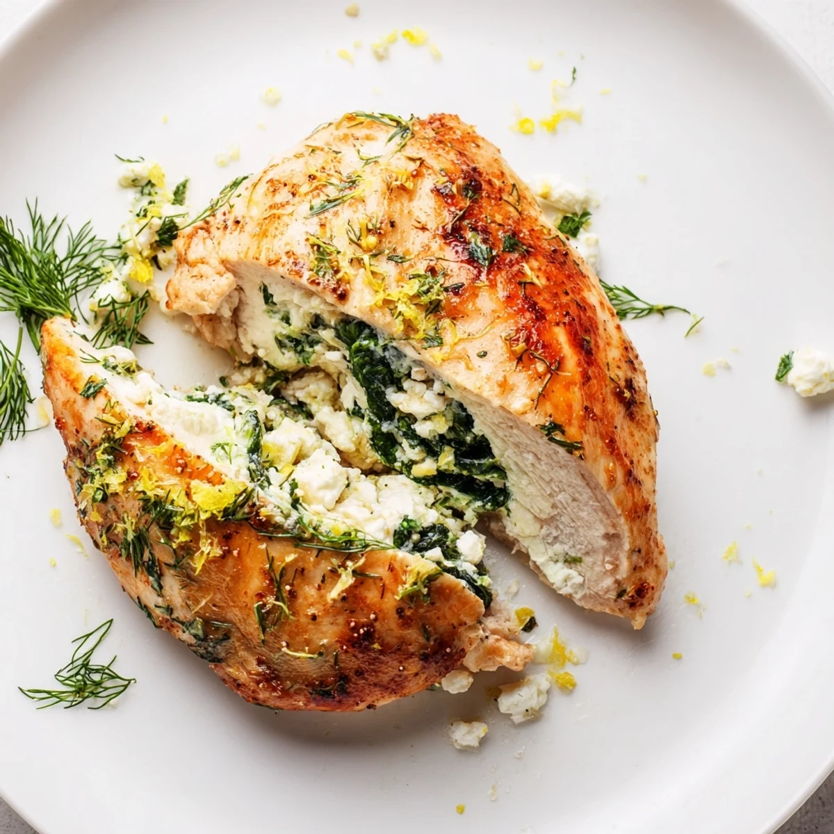 Juicy spinach and feta stuffed chicken breast with fresh herbs, baked to a golden finish for a flavorful Mediterranean dinner.