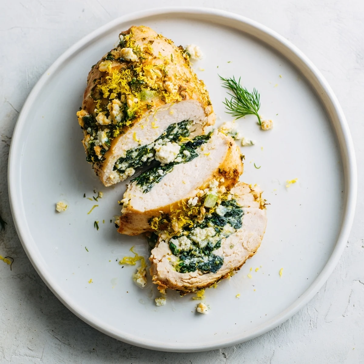 Perfectly baked spinach and feta stuffed chicken breast, served hot with aromatic herbs and a crisp side salad.