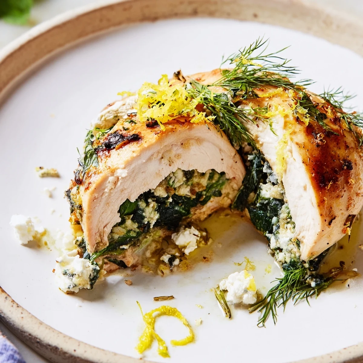 Fresh herbs and tangy feta fill tender chicken breast, creating a vibrant and elegant spinach and feta stuffed chicken breast.