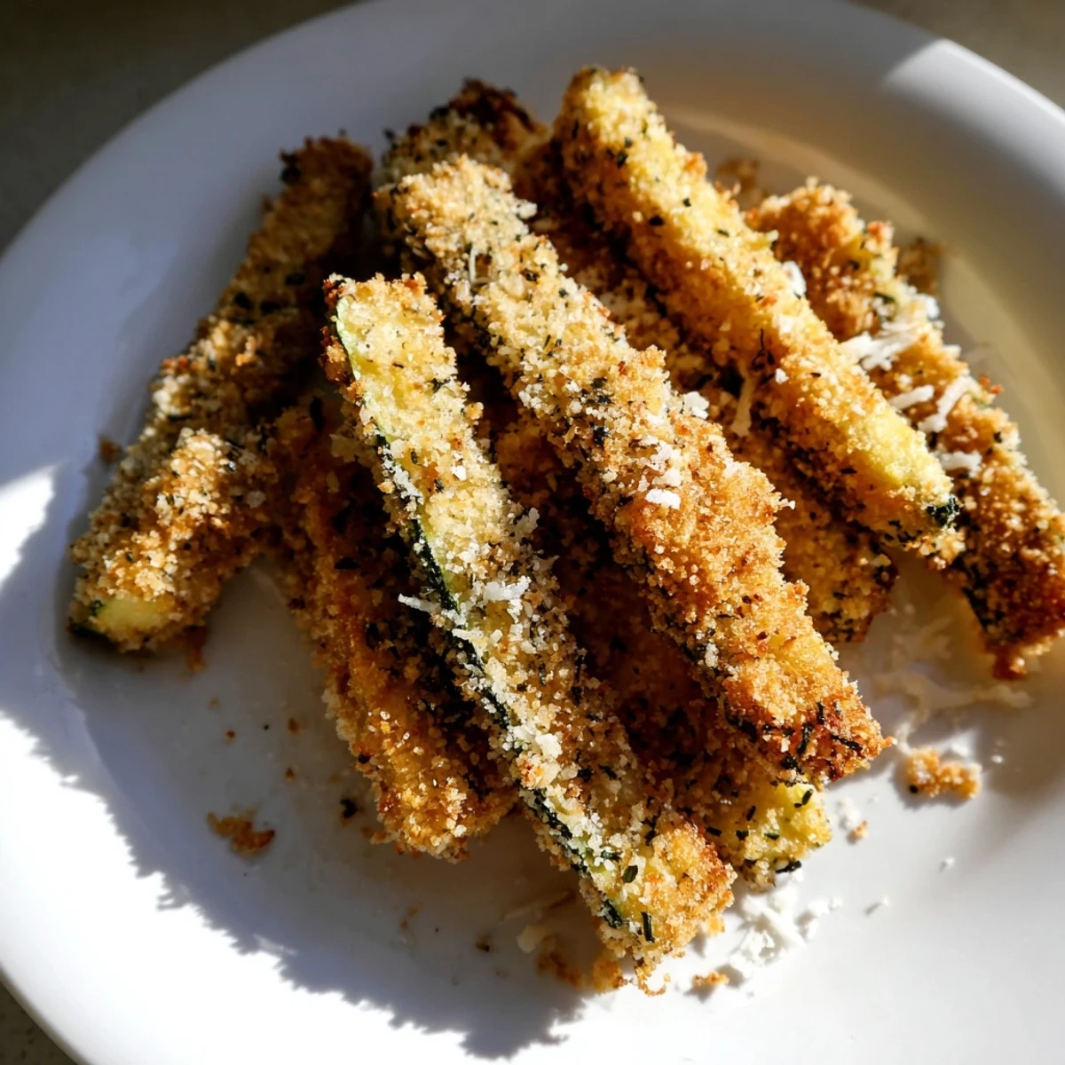 Golden Crispy Zucchini Fries with Parmesan arranged on a baking sheet next to a small bowl of marinara sauce.
