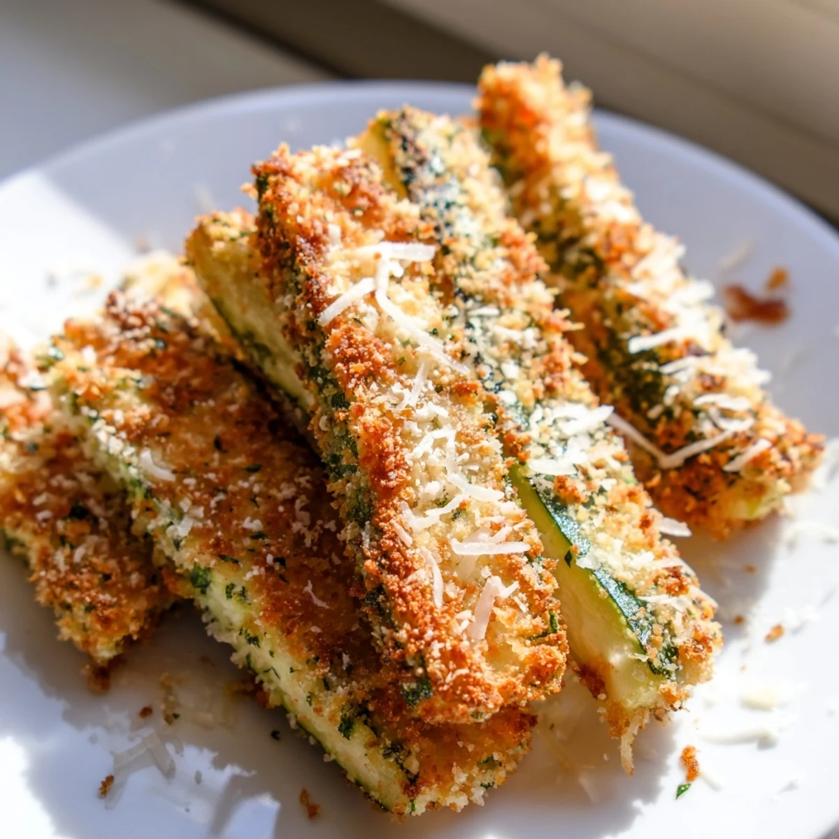 Close-up of golden Crispy Zucchini Fries with Parmesan showing their crunchy texture and herbs baked to perfection.