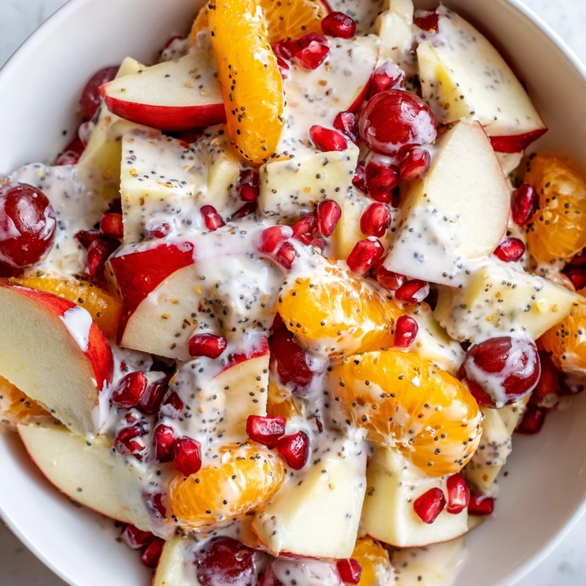 Freshly tossed Winter Fruit Salad with Poppy Seed Dressing features pears, grapes, and dried cranberries in a light, tangy-sweet creamy poppy seed dressing.