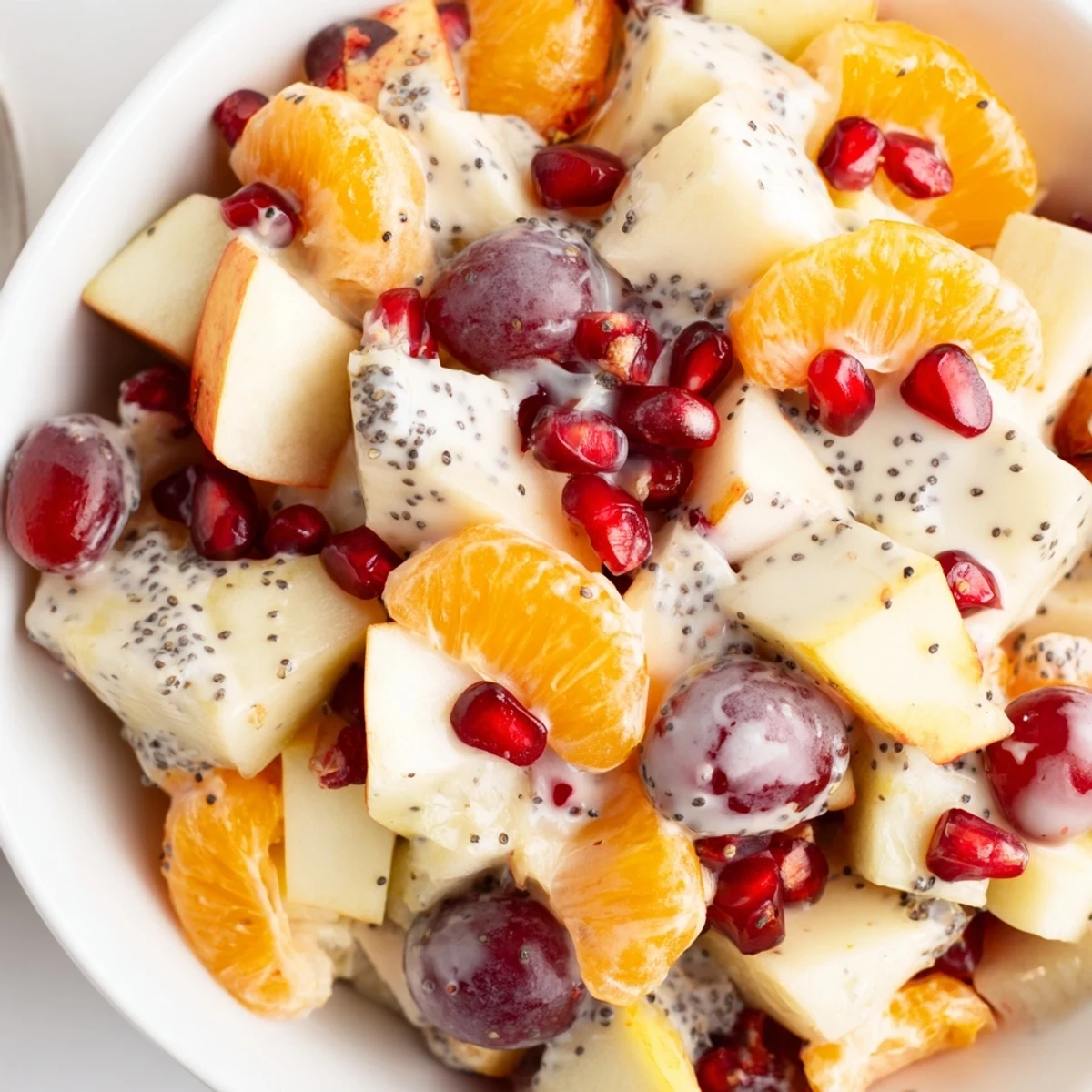 Bright winter fruits in Winter Fruit Salad with Poppy Seed Dressing are ready to serve, topped with poppy seeds and a citrusy yogurt drizzle.