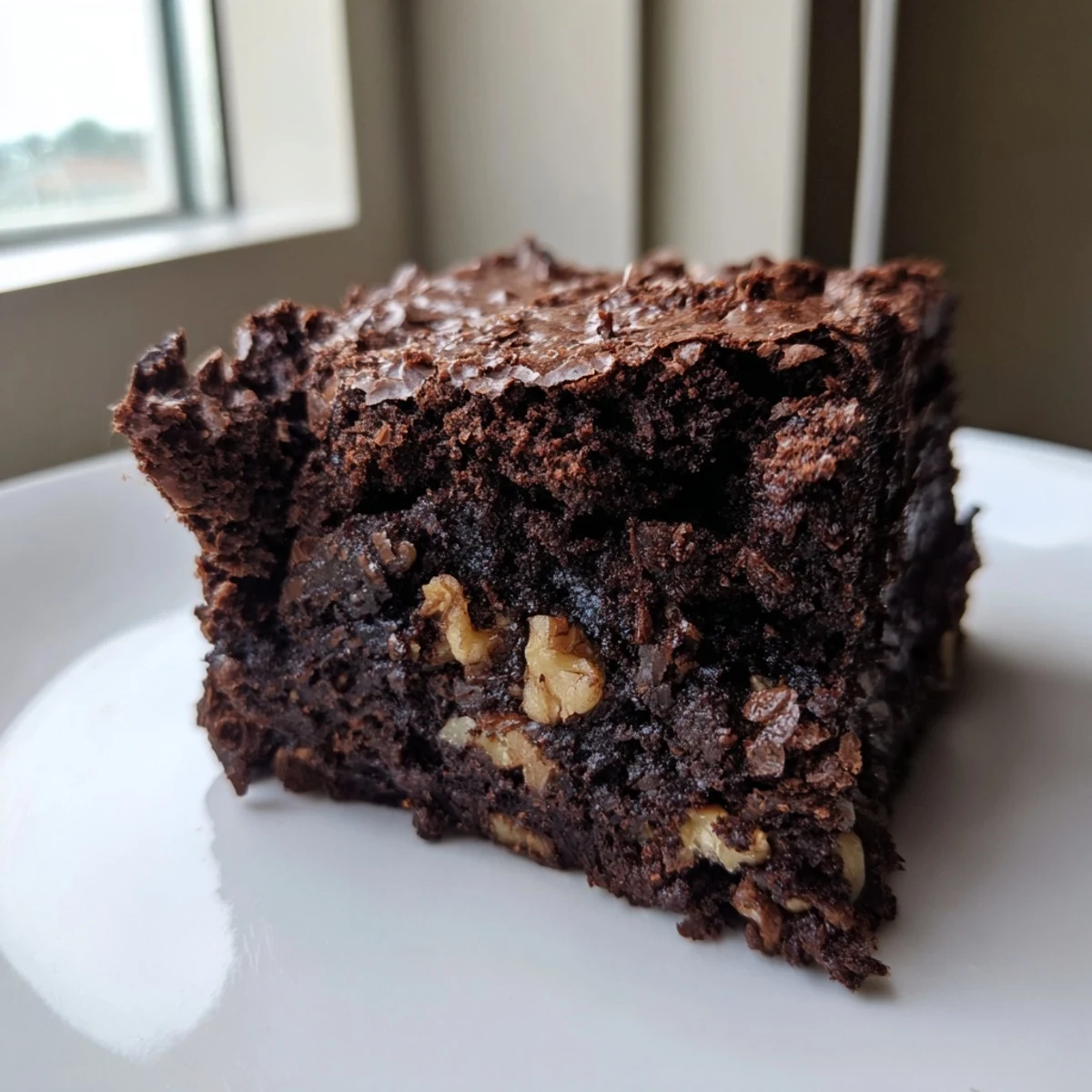 Chocolate brownies with walnuts, showing fudgy centers and crunchy nut pieces on a white plate.  