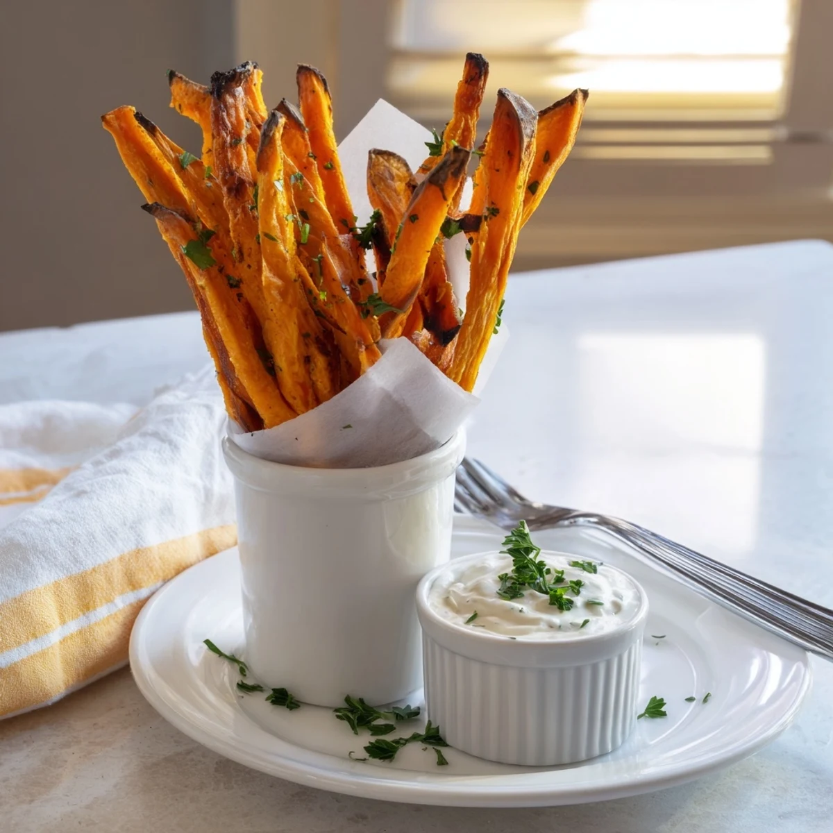 Golden-brown roasted sweet potato fries piled high on a white platter, ready to be dipped in creamy yogurt sauce.