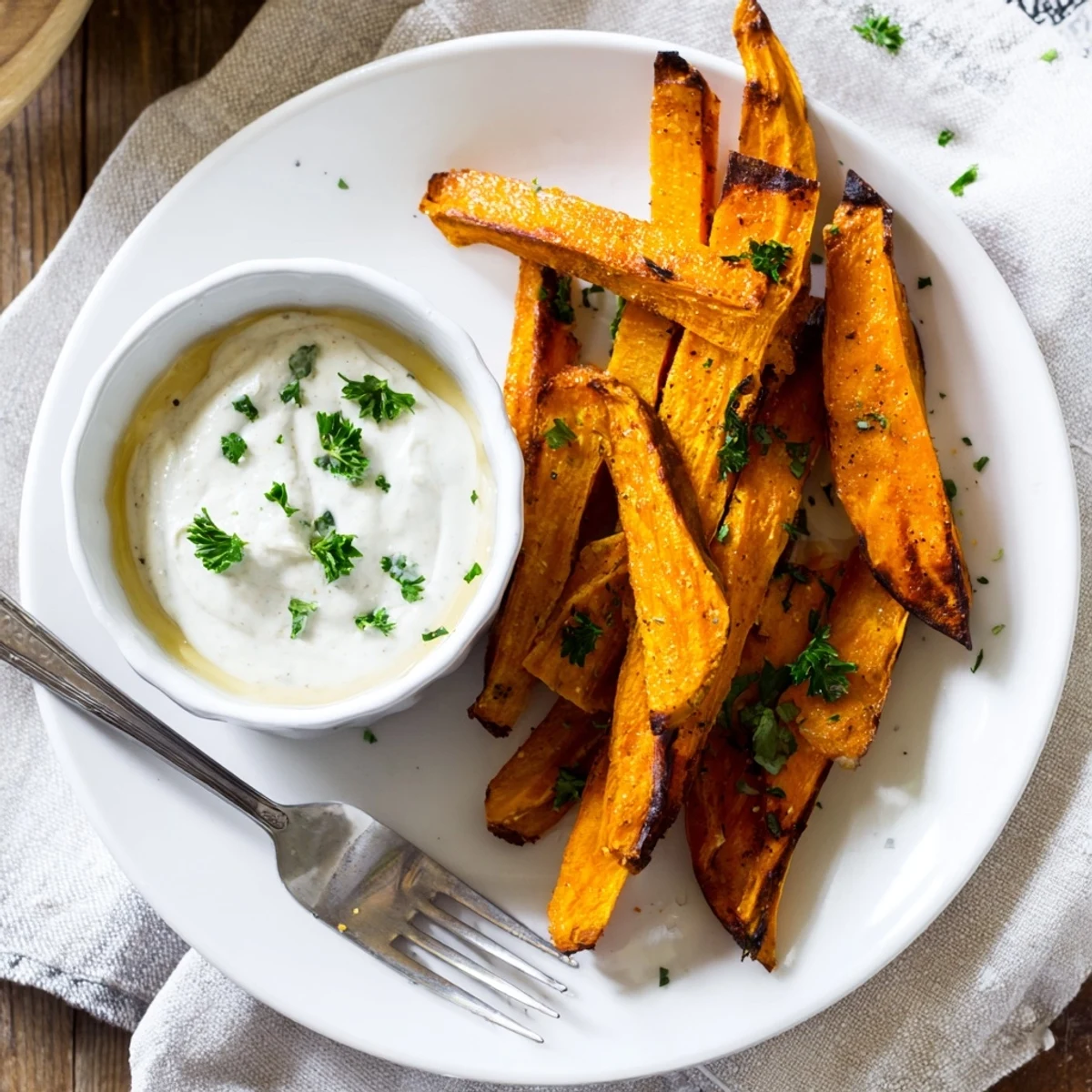 Healthy roasted sweet potato fries served with a tangy chive-flecked yogurt dip, perfect for a vegetarian snack.