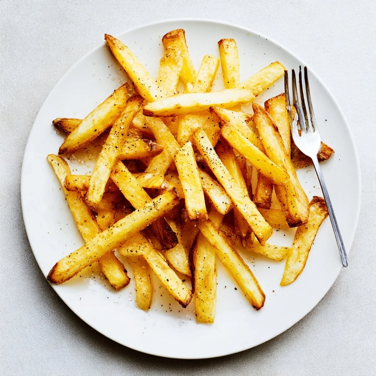 A close-up view of freshly made air fryer french fries, their golden-brown crunch and sea salt crystals visible under bright lighting.